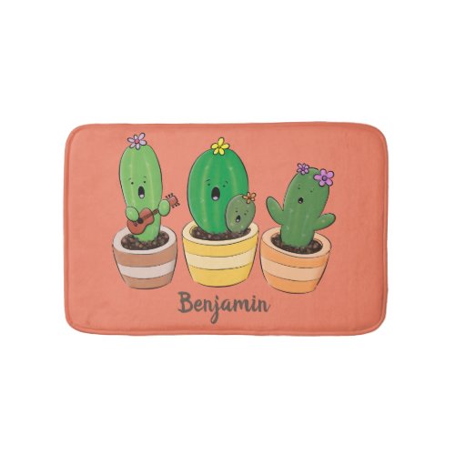 Cute cactus trio singing cartoon illustration bath mat