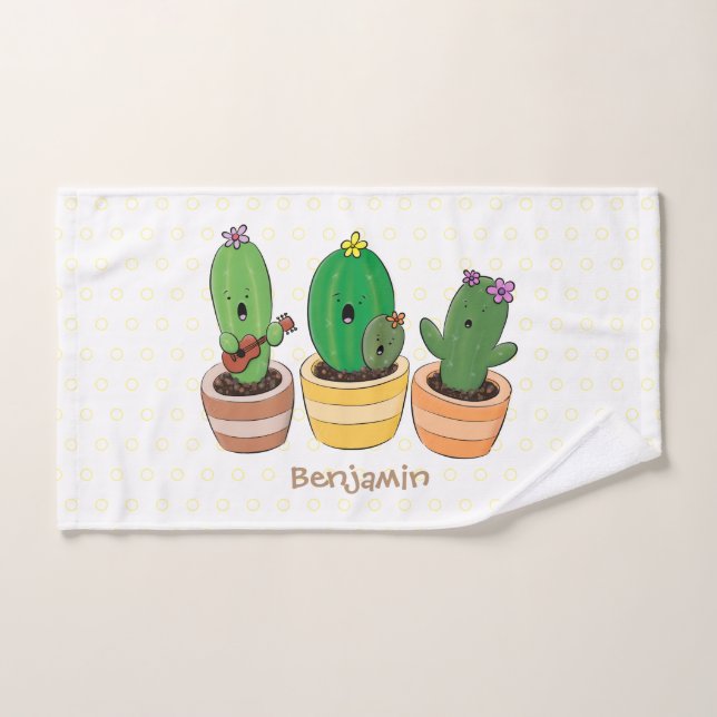 Cute cactus trio singing cartoon illustration bath towel set (Hand Towel)
