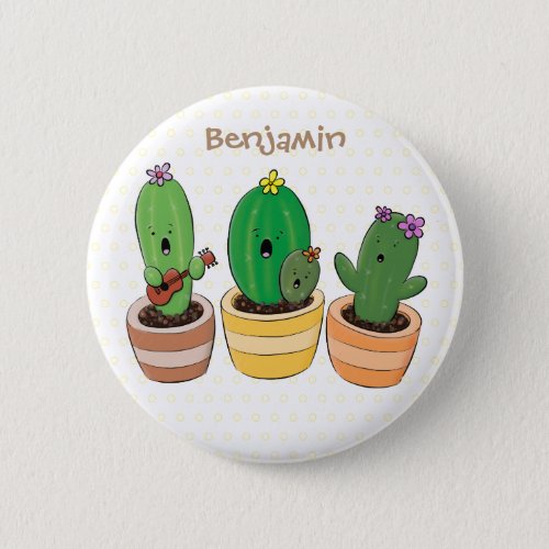 Cute cactus trio singing cartoon illustration button