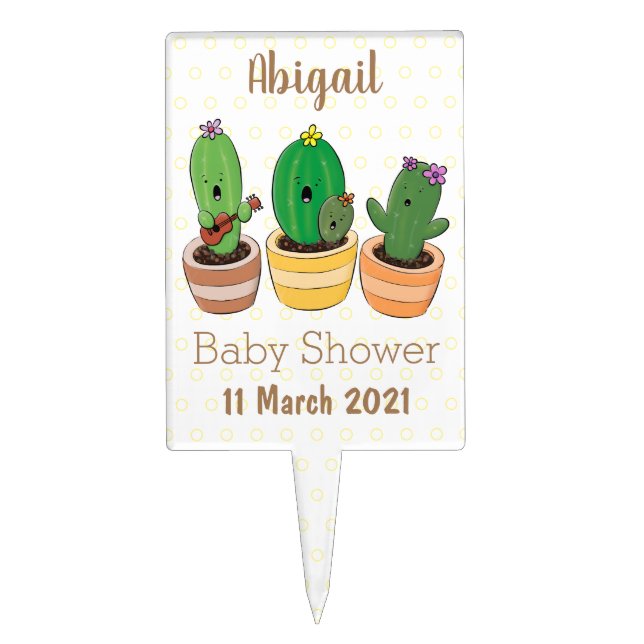 Cute cactus trio singing cartoon illustration cake topper (Front)