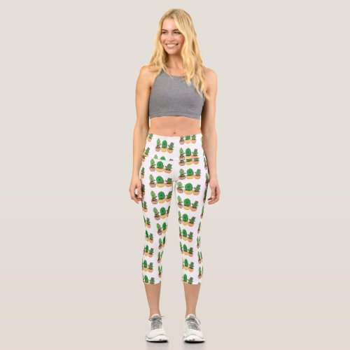 Cute cactus trio singing cartoon illustration capri leggings