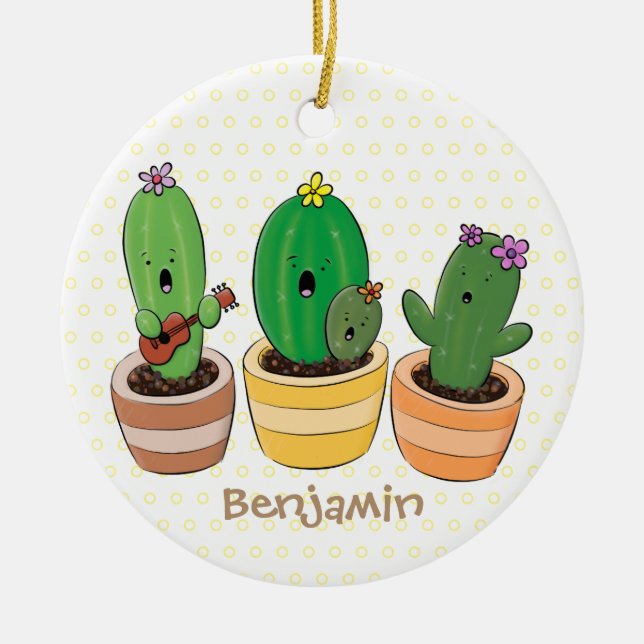 Cute cactus trio singing cartoon illustration ceramic ornament (Front)