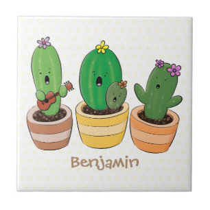 Cute cactus trio singing cartoon illustration ceramic tile