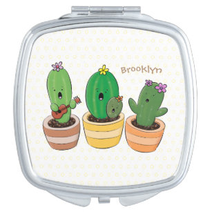Cute cactus trio singing cartoon illustration compact mirror
