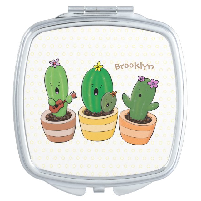 Cute cactus trio singing cartoon illustration compact mirror (Front)