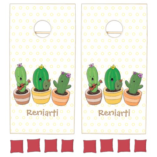 Cute cactus trio singing cartoon illustration cornhole set