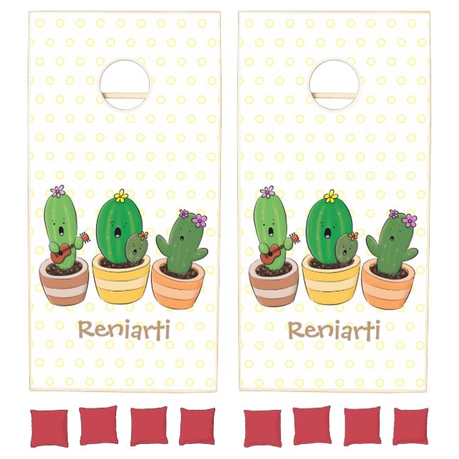 Cute cactus trio singing cartoon illustration cornhole set (Set)