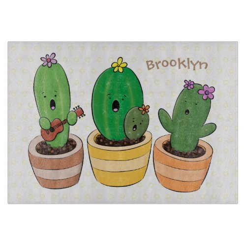 Cute cactus trio singing cartoon illustration cutting board