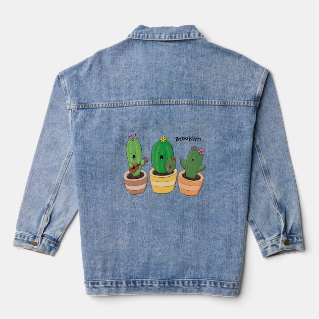 Cute cactus trio singing cartoon illustration denim jacket (Back)