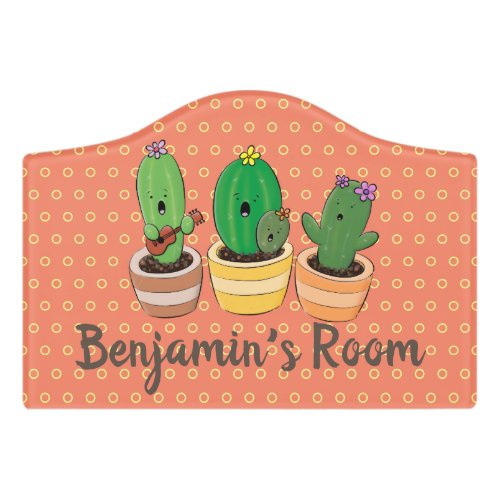 Cute cactus trio singing cartoon illustration door sign
