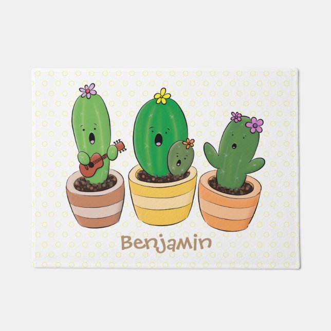 Cute cactus trio singing cartoon illustration doormat (Front)