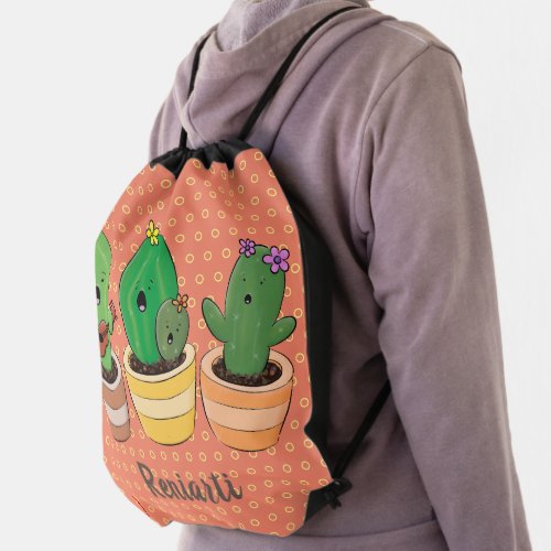 Cute cactus trio singing cartoon illustration drawstring bag