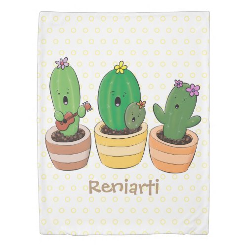 Cute cactus trio singing cartoon illustration duvet cover