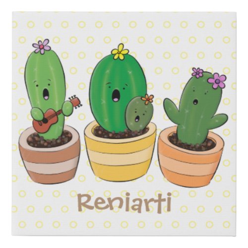 Cute cactus trio singing cartoon illustration faux canvas print