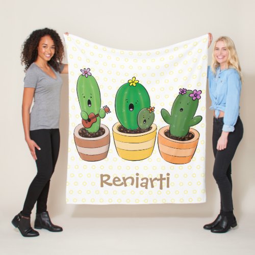 Cute cactus trio singing cartoon illustration fleece blanket