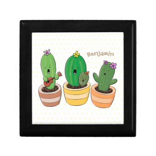 Cute cactus trio singing cartoon illustration gift box