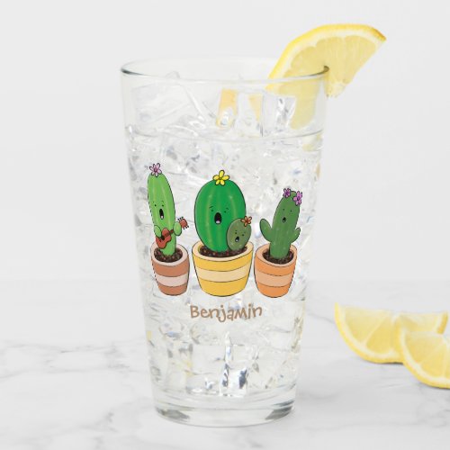 Cute cactus trio singing cartoon illustration glass