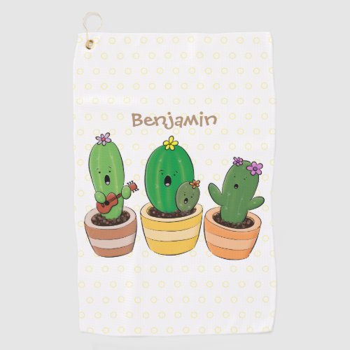 Cute cactus trio singing cartoon illustration golf towel