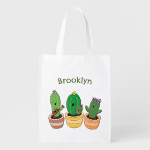Cute cactus trio singing cartoon illustration grocery bag