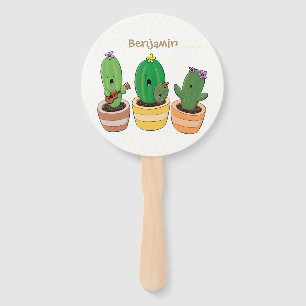 Cute cactus trio singing cartoon illustration hand fan