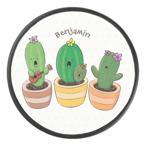 Cute cactus trio singing cartoon illustration hockey puck