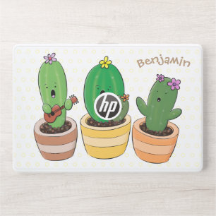 Cute cactus trio singing cartoon illustration HP laptop skin
