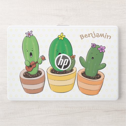 Cute cactus trio singing cartoon illustration HP laptop skin