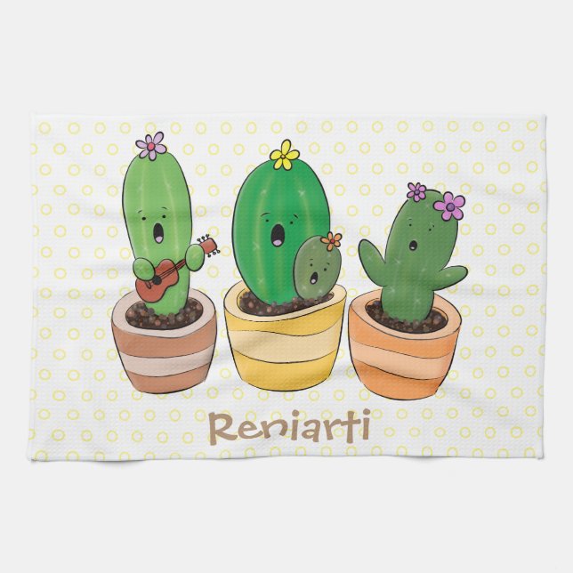 Cute cactus trio singing cartoon illustration kitchen towel (Horizontal)