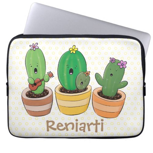 Cute cactus trio singing cartoon illustration laptop sleeve
