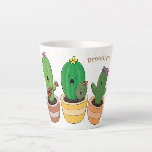 Cute cactus trio singing cartoon illustration latte mug
