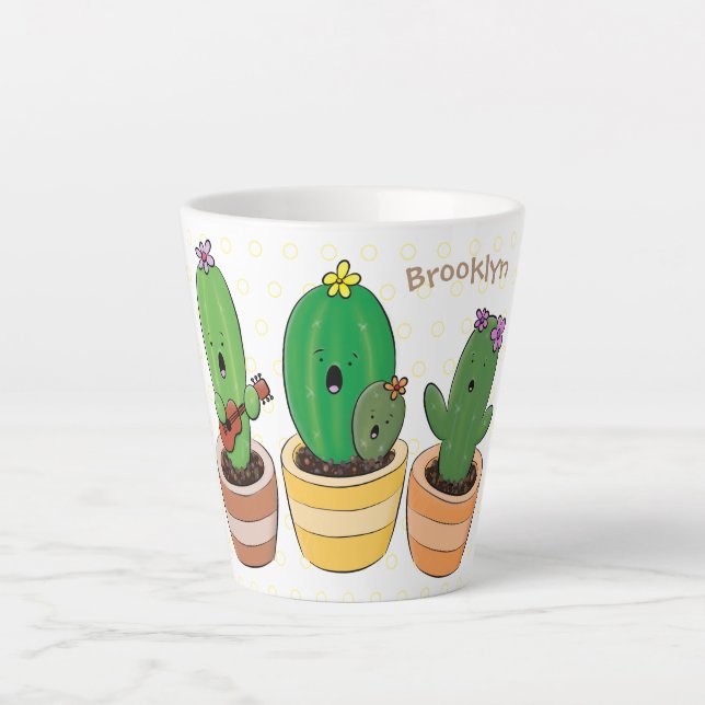 Cute cactus trio singing cartoon illustration latte mug (Front)
