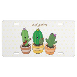 Cute cactus trio singing cartoon illustration license plate