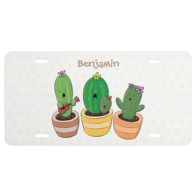 Cute cactus trio singing cartoon illustration license plate (Front)
