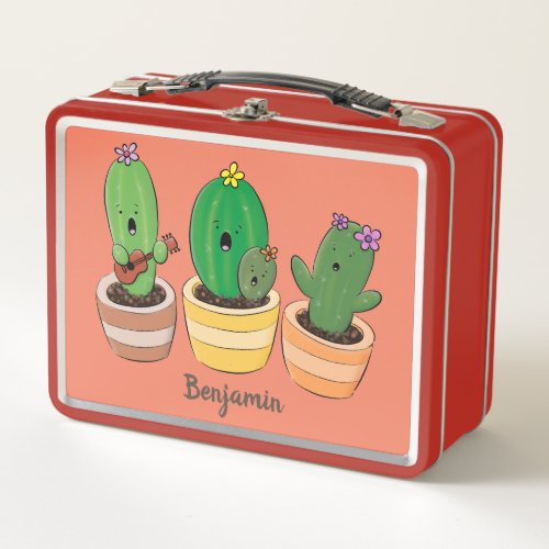 Cute cactus trio singing cartoon illustration metal lunch box