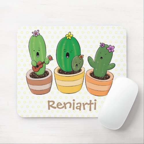 Cute cactus trio singing cartoon illustration mouse pad