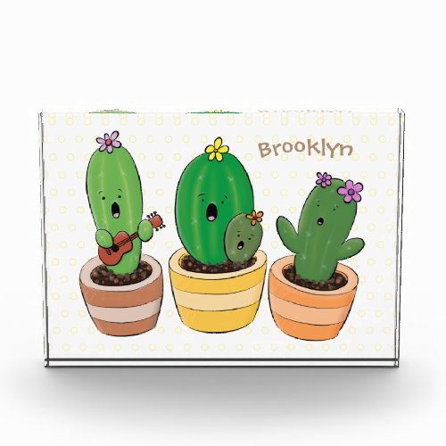Cute cactus trio singing cartoon illustration photo block