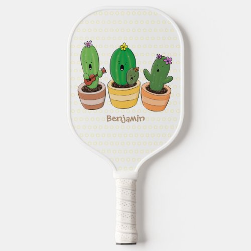 Cute cactus trio singing cartoon illustration  pickleball paddle