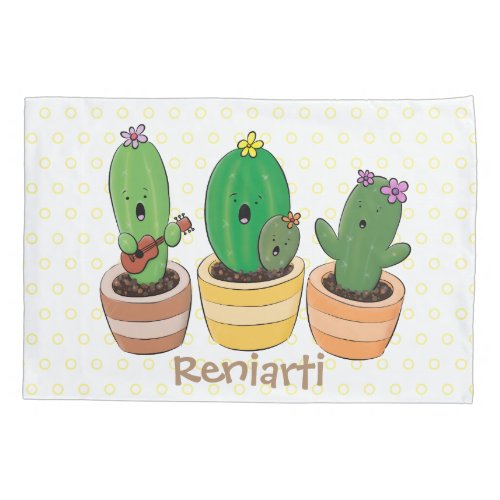 Cute cactus trio singing cartoon illustration pillow case