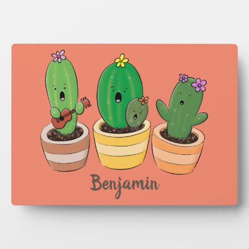 Cute cactus trio singing cartoon illustration plaque