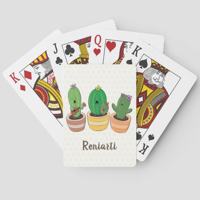 Cute cactus trio singing cartoon illustration poker cards (Back)