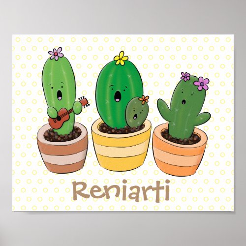 Cute cactus trio singing cartoon illustration poster