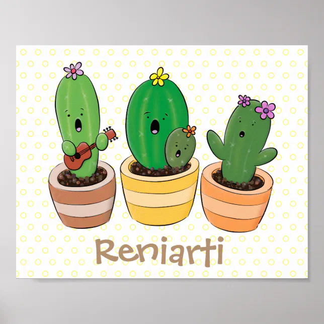 Cute cactus trio singing cartoon illustration poster | Zazzle