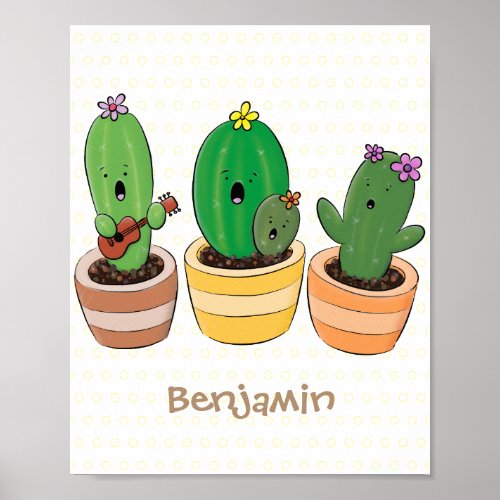Cute cactus trio singing cartoon illustration poster