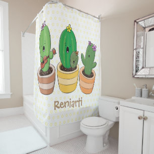 Cute cactus trio singing cartoon illustration shower curtain