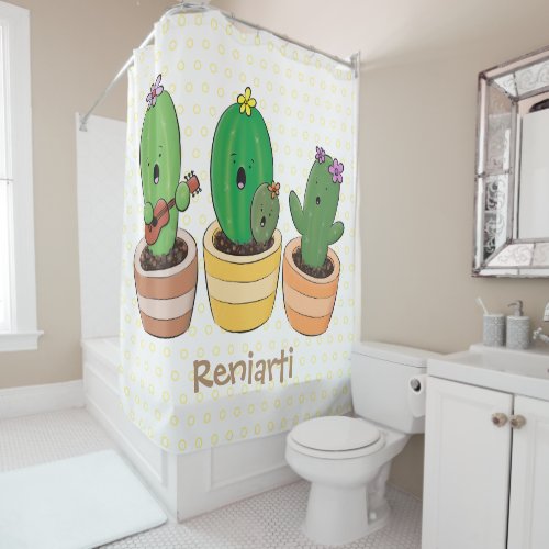 Cute cactus trio singing cartoon illustration shower curtain