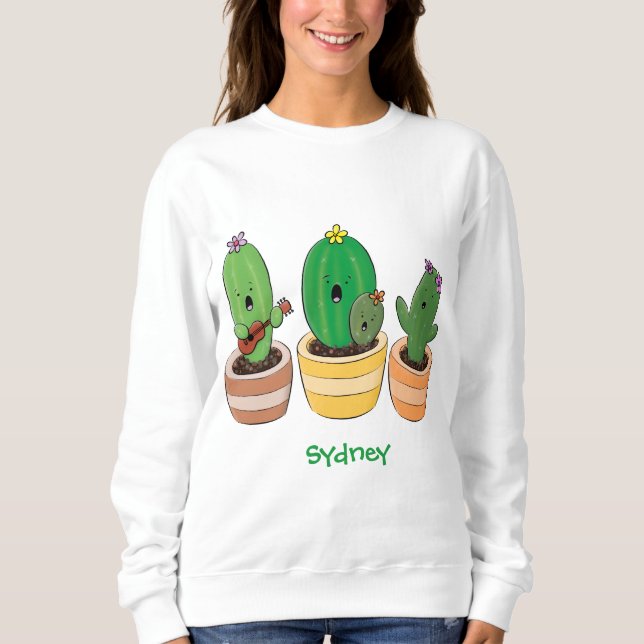 Cute cactus trio singing cartoon illustration sweatshirt (Front)