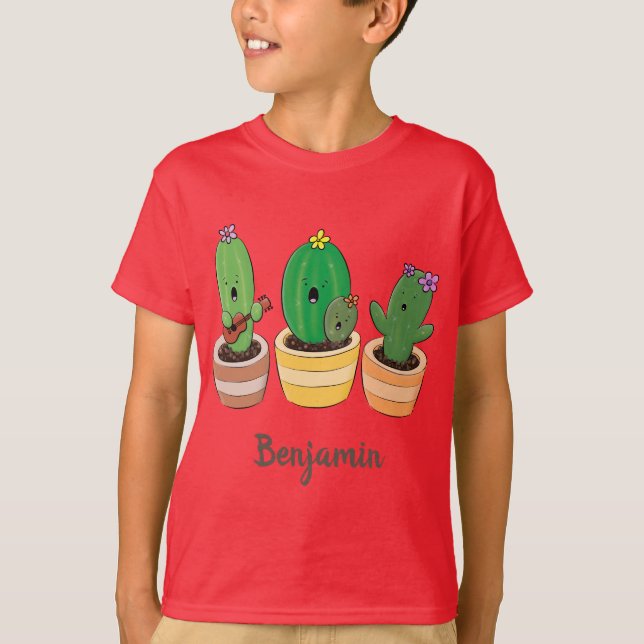 Cute cactus trio singing cartoon illustration T-Shirt (Front)