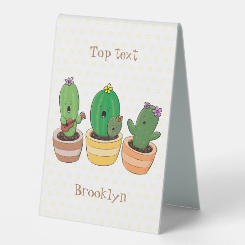 Cute cactus trio singing cartoon illustration table tent sign