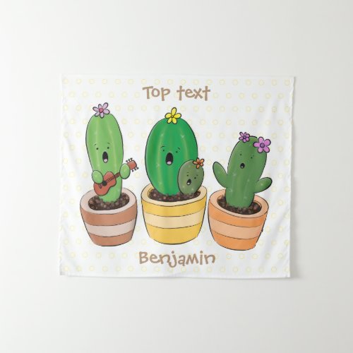 Cute cactus trio singing cartoon illustration  tapestry