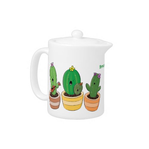 Cute cactus trio singing cartoon illustration teapot
